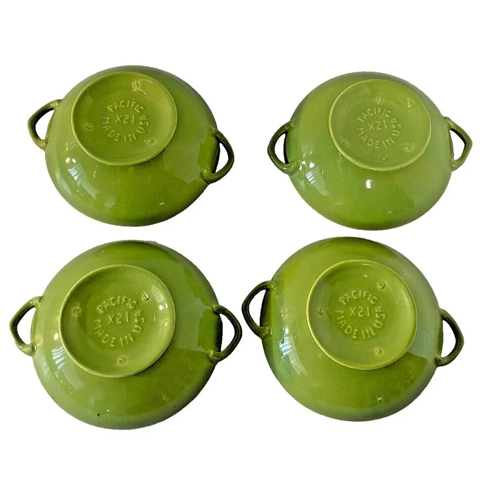 Pacific Pottery Avocado Green Bowl Footed Handles USA ~5.5